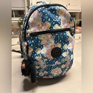 Kipling Challenger Backpack Multicolor Floral Pattern With Monkey Keychain.